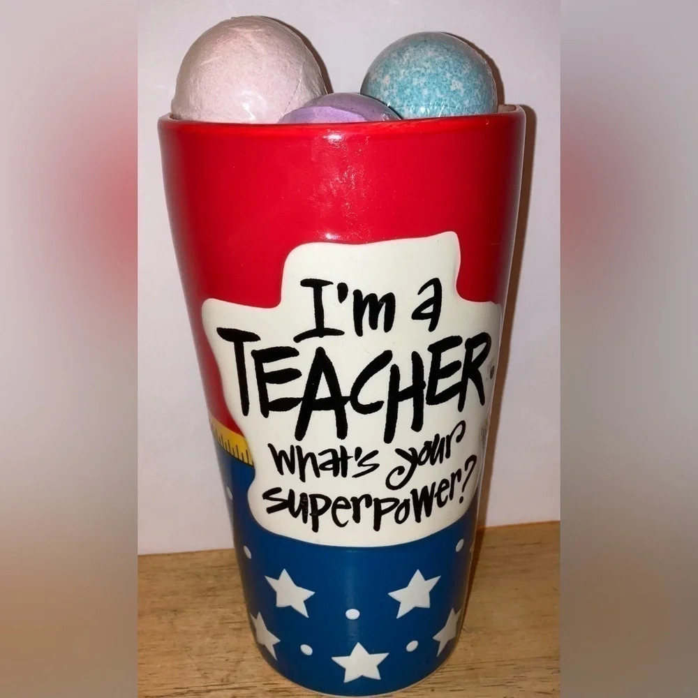 Superhero Teacher Vase Filled w/ 10 Bath Bombs/Fizzies Back to School Gift NWT